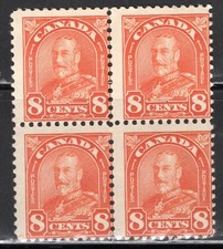 Canada Stamp Scott #172, 8c, King George V, Block of 4, MNH, OG, SCV$68.00