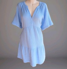 GAP Dress Womens Large Blue Crinkle Cotton Gauze Short Babydoll Tiered Pockets