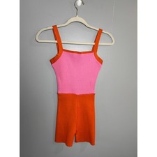 Zara Ribbed Knit Colorblock Spaghetti Strap Romper Shorts Pink Orange Size S