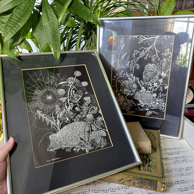 Vintage Anne Wales Smith 2 gerahmte Gemälde Kunst Skizzen Wald Maus Hase Eule