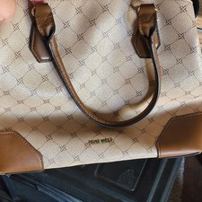 Nine West Beige Brown Logo Satchel Top Handle Bag with Gold Hardware Accent