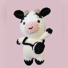 Hand Crafted Black and White Crocheted Plush Cow with Cookie Bag.   