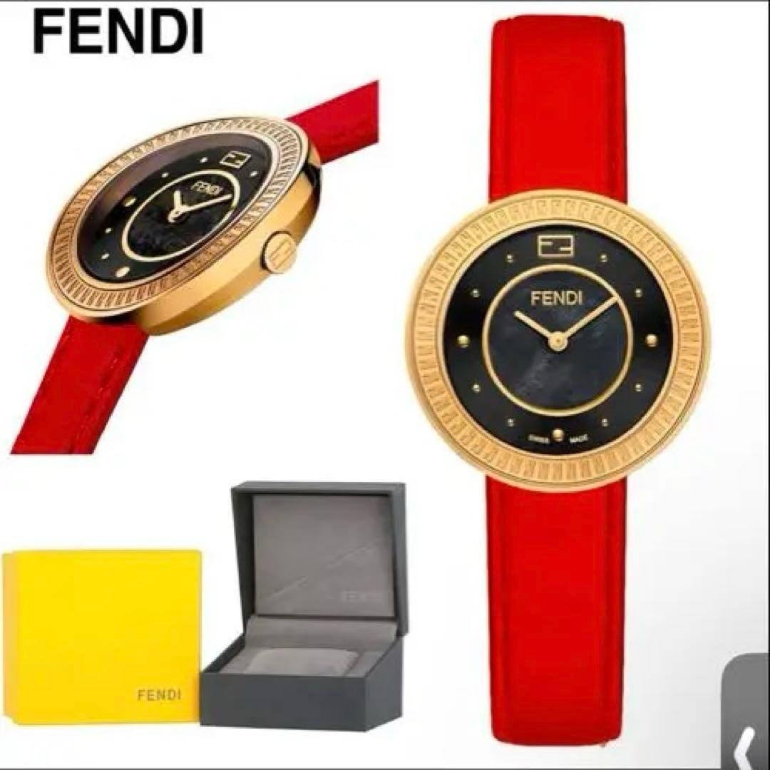 FENDI Analog Watch Leather Red/Black Fur Etched Box Used thumbnail 2