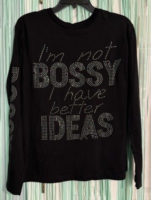 On Fire Black Long Sleeved Tee, Bossy Quote, Rhinestones, Cotton, 1X