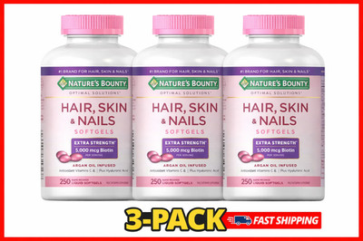 3-PACK Nature's Bounty HAIR SKIN NAILS 250 Softgels Multivitamin 5000 mcg Biotin