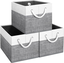 3 Pack Foldable Storage Bins Fabric Organizer Boxes with Rope Handles White Grey