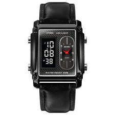 SKMEI Men Watch Rectangle Dial Luxury Brand Digital Watches Leather Sport Watch