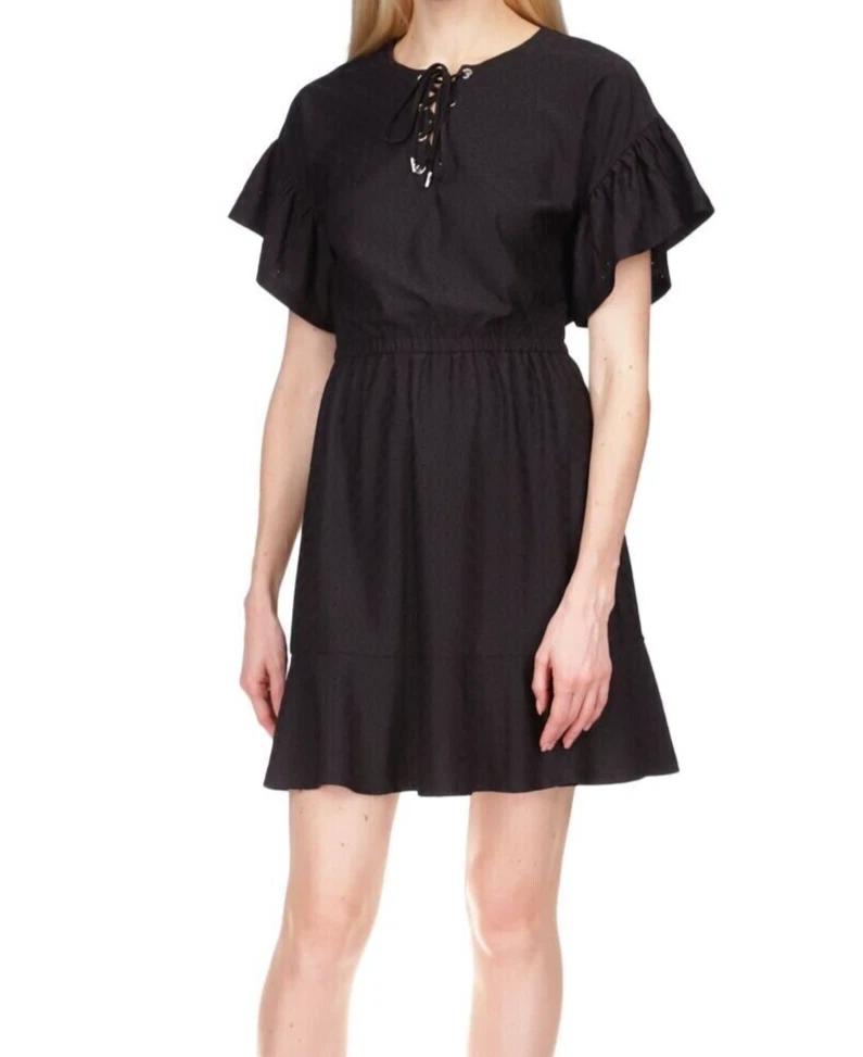 MICHAEL KORS Mini Abito Donna Nero Stringato Elastico Foderato in Vita Taglia XL