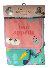 3 Pc Kitchen Set Collection - Apron/Oven Mitt/Pot Holder Bon Appetit 