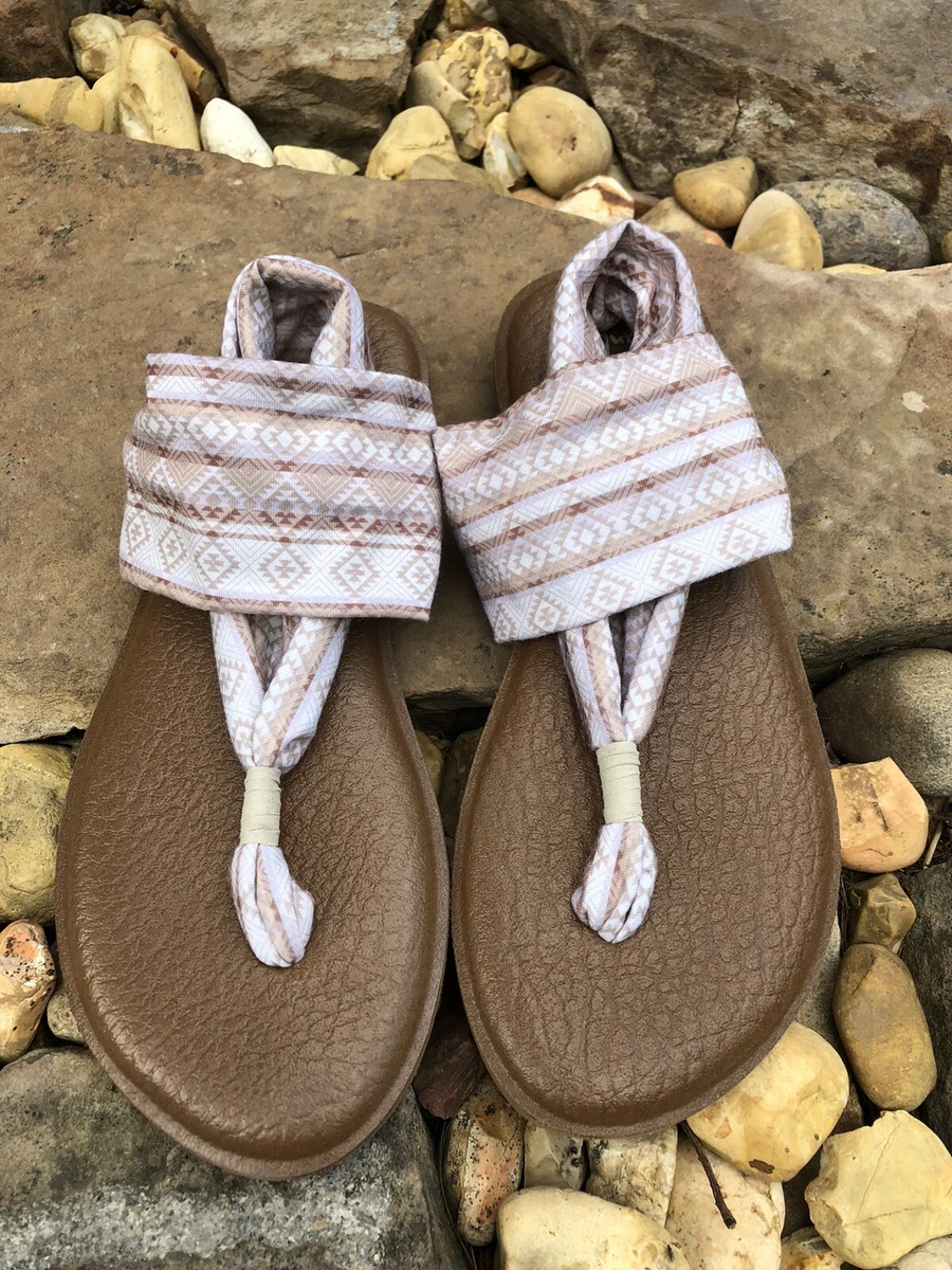 Sanuk Yoga Sling Flip Flop Sandals Womens Sz 7 Neutral Tan Beige Aztec  Outdoor