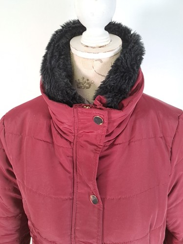 STRADIVARIUS Padded Puffa Coat Burgundy Faux Fur Trim Jacket Women's Size Large - Picture 2 of 22