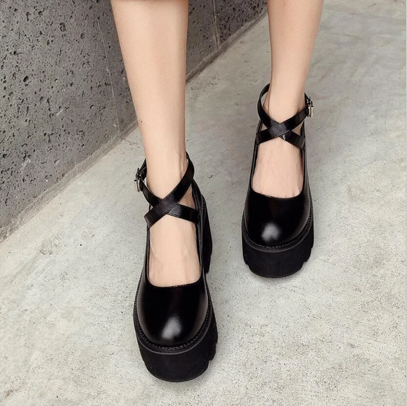 Womens Pumps Creeper Platform Lolita Mary Jane Cross Strap Heel