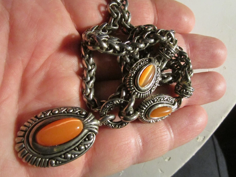 COLLAR DISEÑO TEJIDO PESADO 16" CON IMITACIÓN NARANJA OJO DE GATO CRISTALES -OFC-T2 Foto 4 de 4