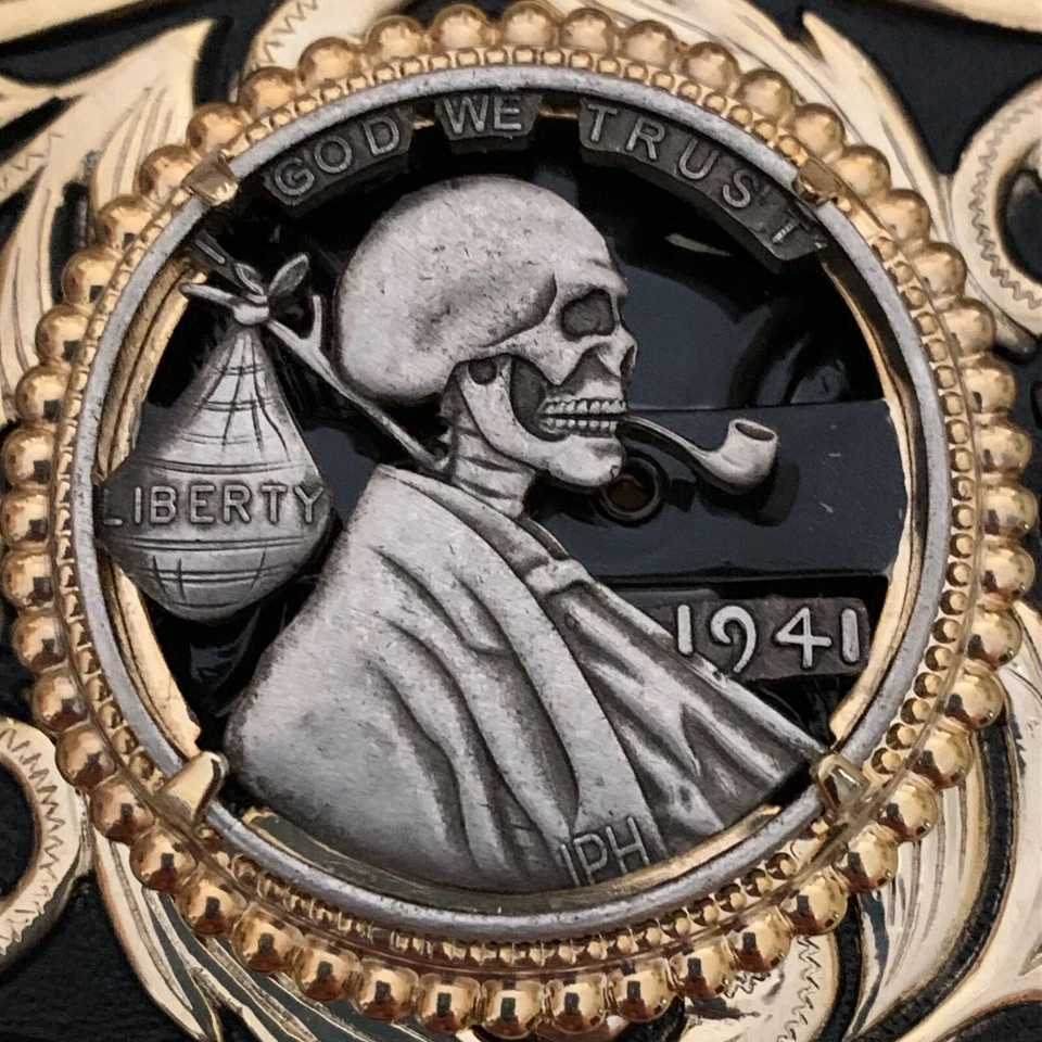 Único Abraham Lincoln Calavera Hobo Níquel Recortado Moneda Diseño Cinturón Hebilla Foto 2 de 4