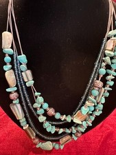 5 strand beaded turquoise colored fashion necklace silvertone boho hippie 17-19"