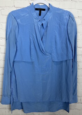 BCBGMaxazria Blue Button Up Mock Neck Career Casual Silk blouse sz S, GUC