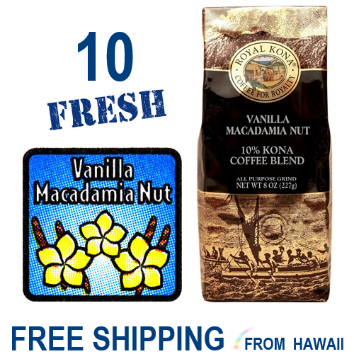 10 VANILLA MACADAMIA NUT Flavor 8oz Ground 10 blend Royal Kona Coffee