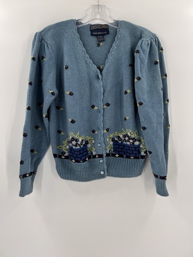 Herman Geist Strickjacke Pullover Damen LARGE handbestickt Blumen LEINEN/BAUMWOLLE
