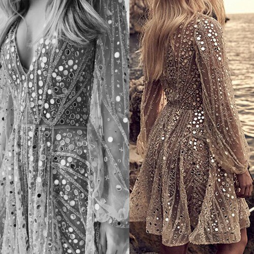 Women's Sexy Deep V Long Sleeve Sequin 
