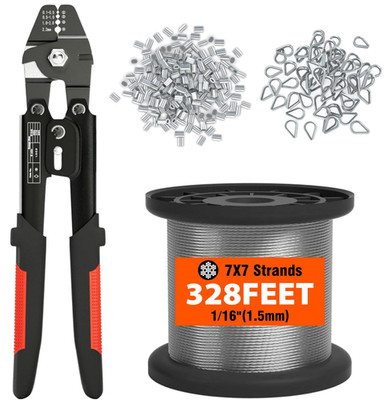 Kit Prensado Cable 328FT 1/16'' Acero Inox 7x7 con Manguitos y Guardacabos,Nuevo