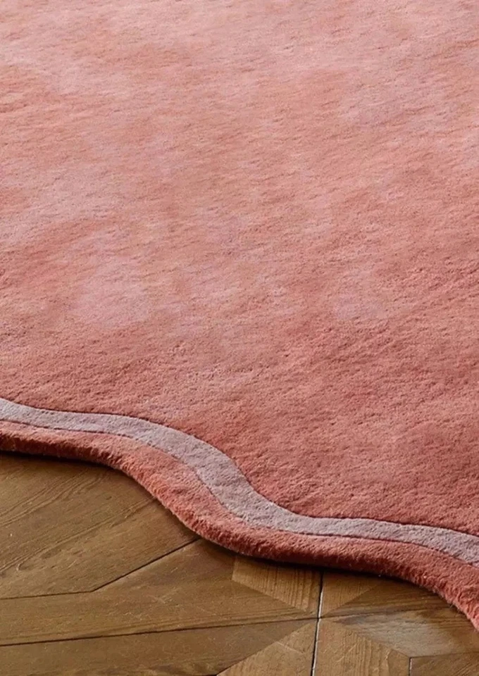 Handmade Wool Area Rug 8x10 Coral Pink Hand Tufted Scalloped Carpet Living Room - Image 2 of 4
