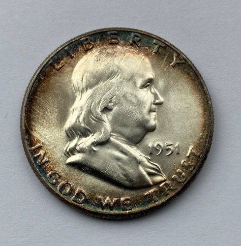 1951 p Franklin Half Dollar - Toning / Toned Unc.