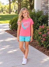 Nike Girls Size 6X Coral Heart Logo Tee Aqua Shorts 2PC Outfit Set NWT
