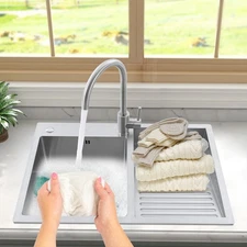 Drop-In Stainless Double Bowl Kitchen Laundry Utility Sink w/ Washboard&Faucet