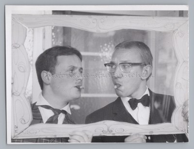 2 Men With Cigar Holding Picture Frame In Front Of Face - Wedding? - Vintage Photo
