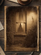 Image of Witch In The Window Gothic Halloween Greeting Card Vintage Sepia Creepy Witch