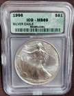 1996 MS69 ICG GREEN LABEL $1 AMERICAN SILVER EAGLE COIN 1oz .999 FINE SILVER.