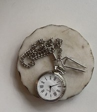 Silver Tone pocket watch Roman numerals quartz attached 13 chain New Battery