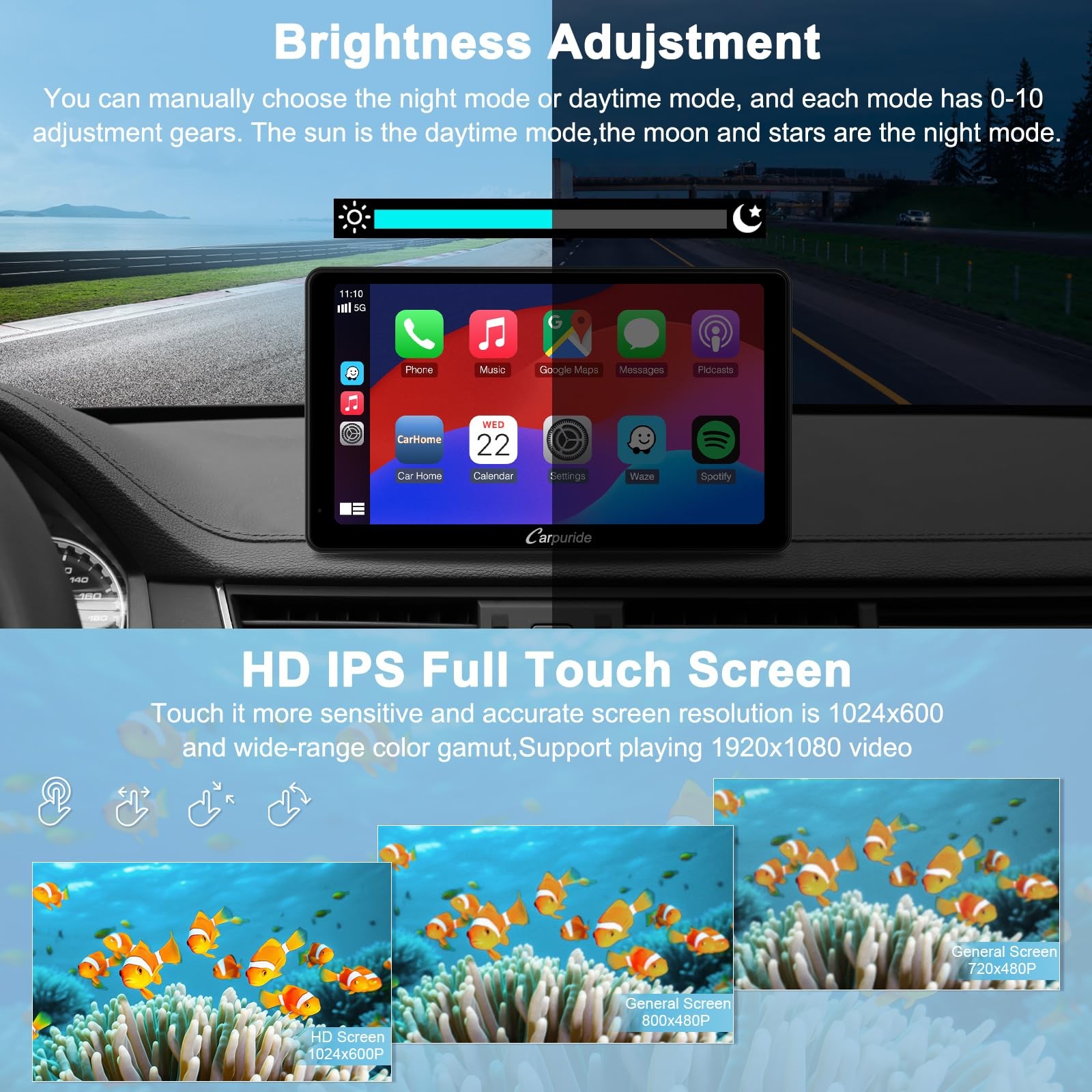 Carpuride C3 CarPlay Schermo, Wireless CarPlay & Android Auto, Portatile 7 Polli - Miniatura 5