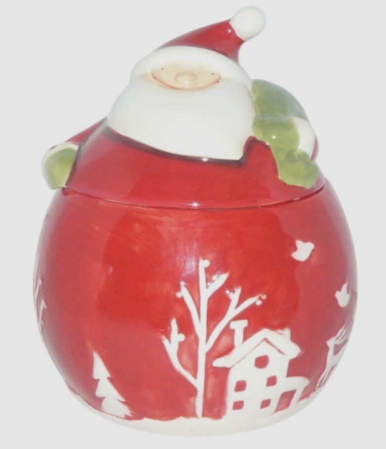 Santa Claus Winter Scene Ceramic Cookie Jar with Lid by TJs Christmas Vintage