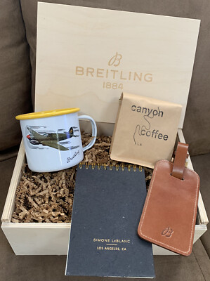 BREITLING WOODEN GIFT BOX MUG/COFFEE/LEATHER LUGGAGE TAG/NOTEPAD