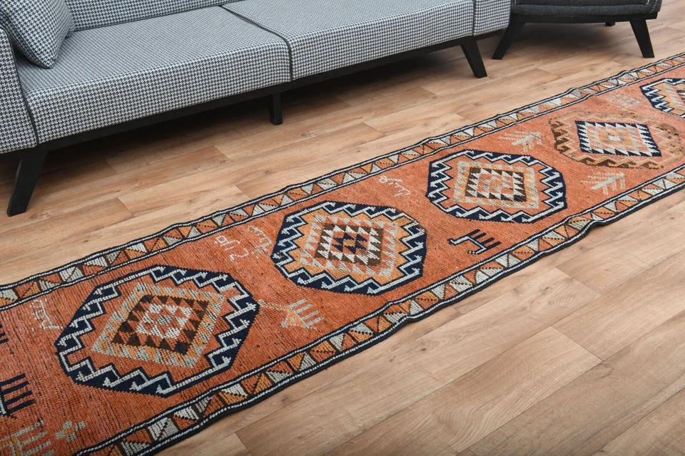 Alfombra de corredor turca 3x12 pies, NARANJA WIDE RUNNER, Oushak Runner, alfombra de lana, única Foto 3 de 4