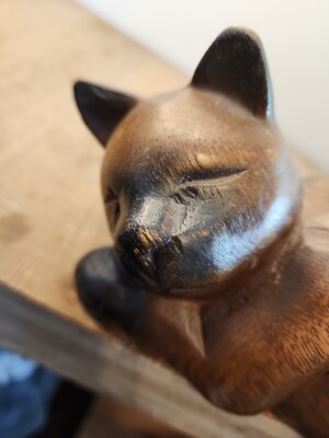 ❀antique cat˚✧₊専用❀8/3までお取り置き Wooden Cat Shelf Sitter Figurine Carved Hanging Tail Thailand