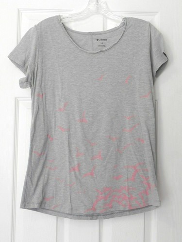 Columbia Women's Size L Gray Color Scoop Roll Neck Thin SS Top W/Pink Birds