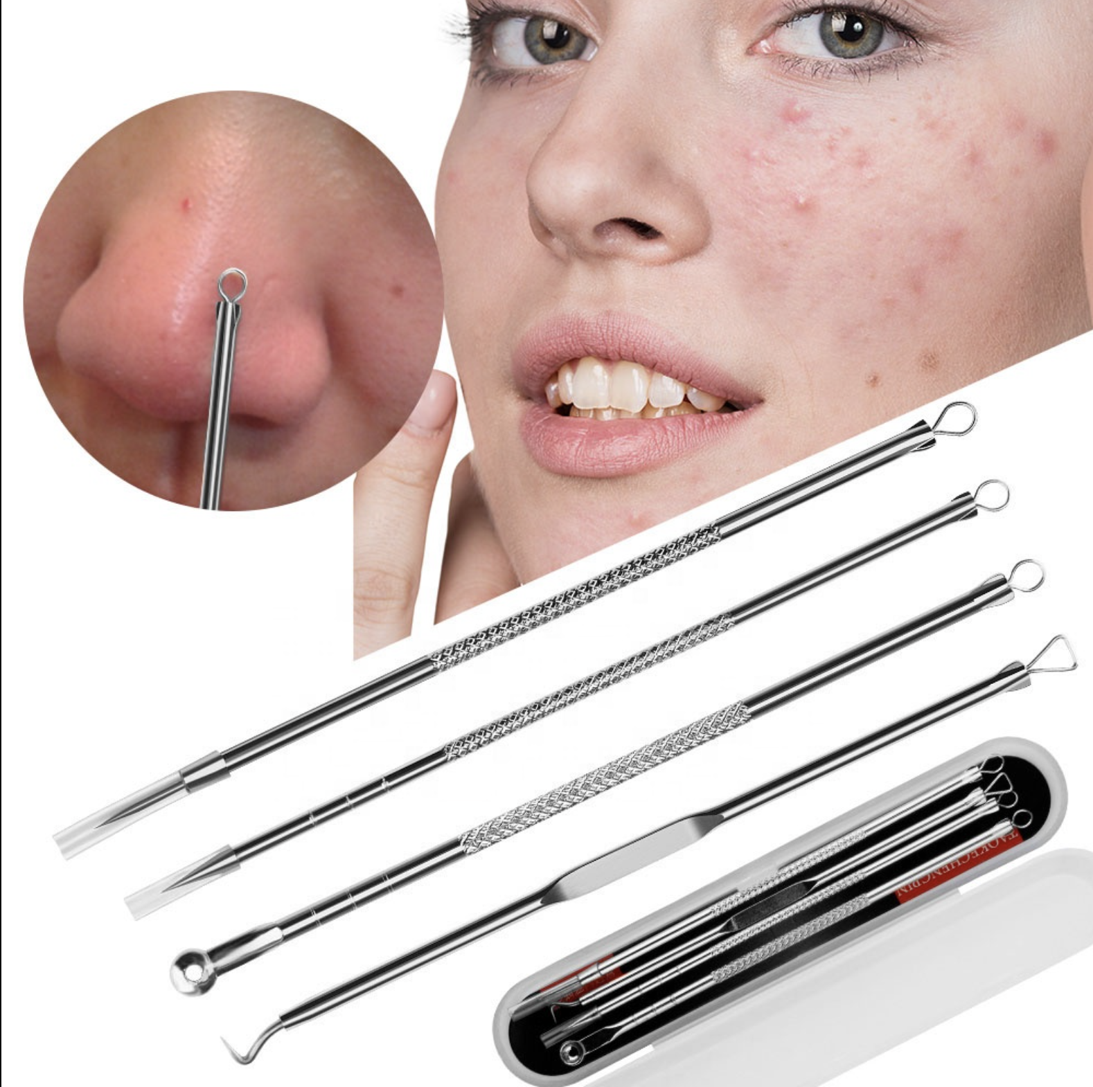 Acne Pimple Now on sale Comedone Extractor 4 Pieces Tools Discount is also underway