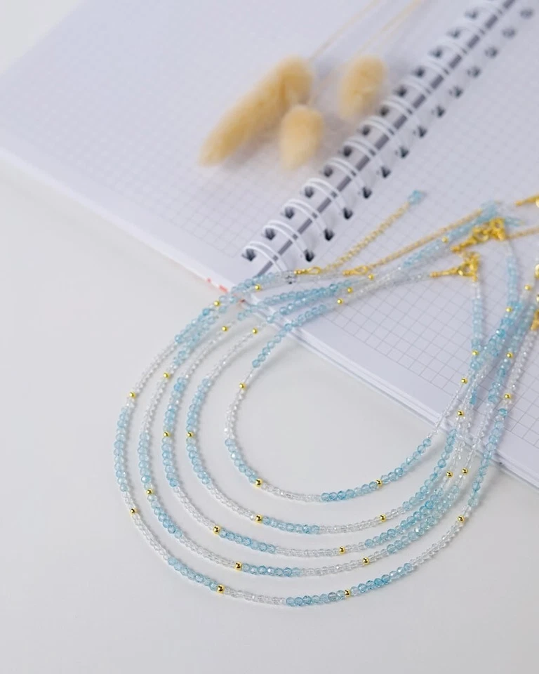 A++ 2-3MM White & Blue Topaz Faceted Round Gemstone Beads Women Necklaces 24'' - Image 3 of 4