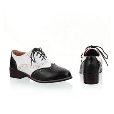 Vintage Women Brogues Lace Up Girls School Oxford Flats Wingtip Low Heel Shoes