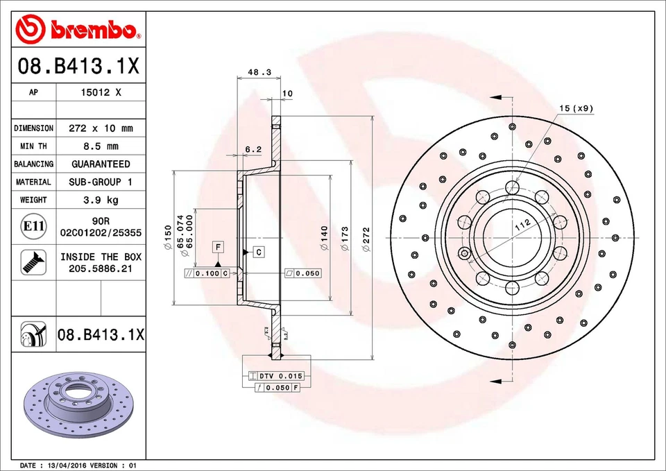 Rotor de freno de disco trasero Brembo 08.B413.1X 272 mm para Audi A3 2010-2022 Foto 3 de 4