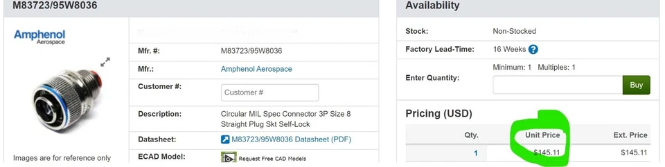 Amphenol Circular Connector 3P Size 8 Straight Plug Skt Self-Lock [OF15] - Image 2 of 4