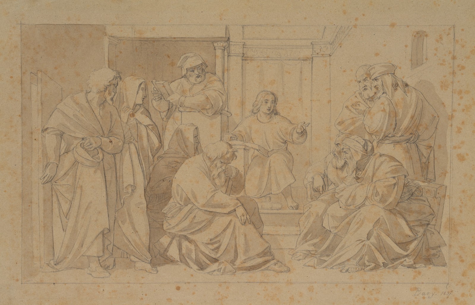 E. BARY (1813-1875), Der zwölfjährige Jesus im Tempel, Bleistift Romantik