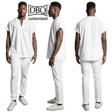 African Casual Solid Suits for Men 2 Piece V-neck Shirt Pants Set Loose Dashiki