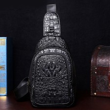 Black Mens Genuine Leather Crossbody Bag Crocodile Pattern Sling Backpack