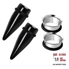 2 Pairs Black Acrylic Ear Tapers and 316L Stainless Steel Gauge: 1" 25mm