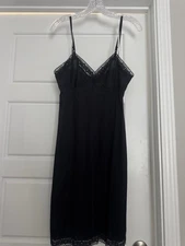 Vassarette (Size 36) Black Nylon Full Slip Chemise Lace Trim Adj. Straps