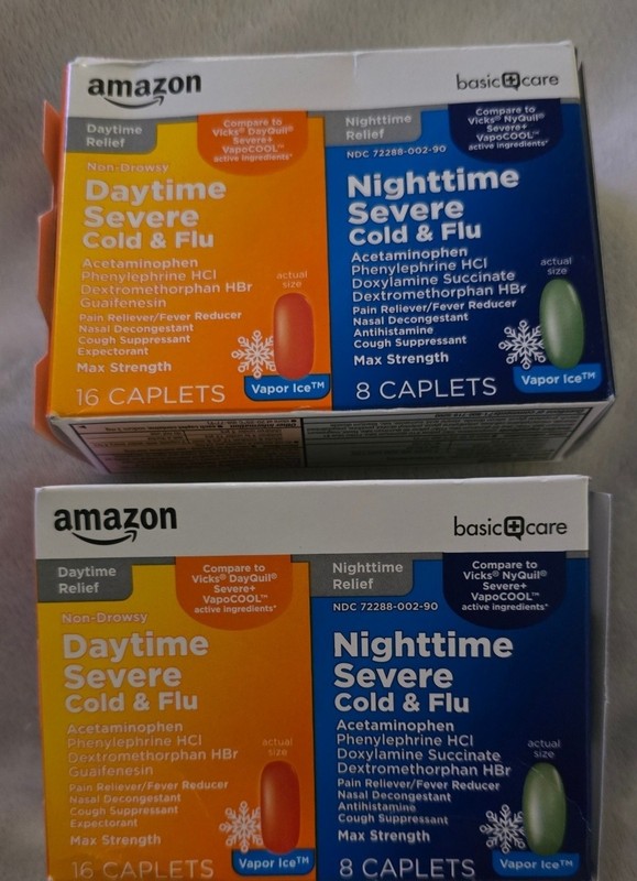 Exp 07/26 2 Pack Amazon Basic Care Daytime Nighttime Severe Cold Flu 24 Ct Ea