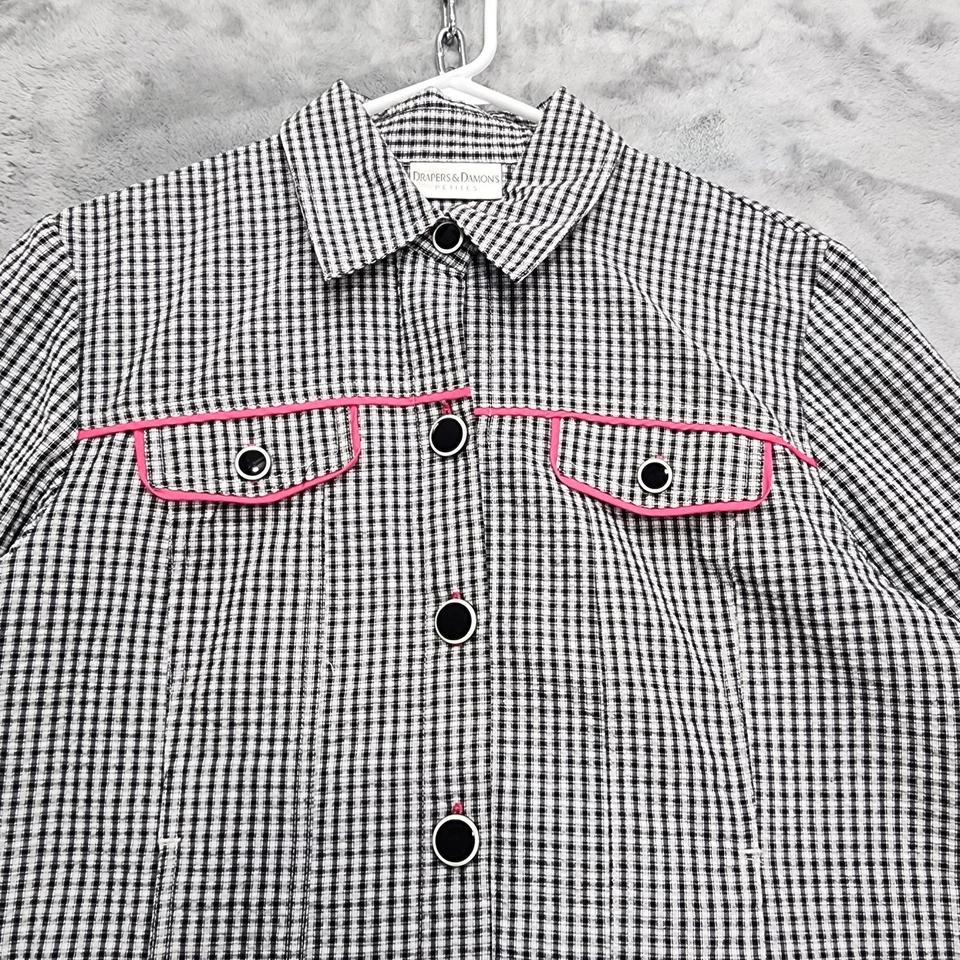 复古 90 年代 Draper's & Damon's 夹克女式 PL PETITE 黑色粉红色格子棉 — 第 2/4 张图片